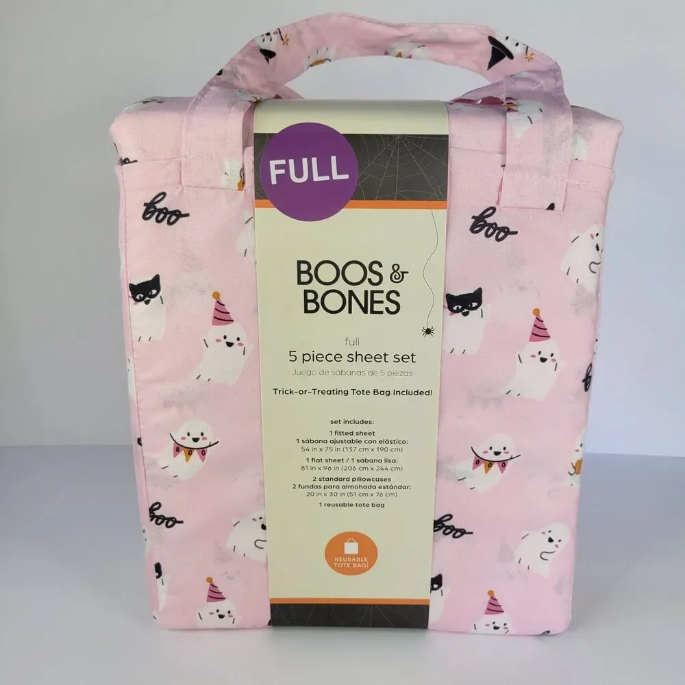 Halloween Pink White Cute Ghosts Boos & Bones FULL 5pc Sheets Set Girls Bedding